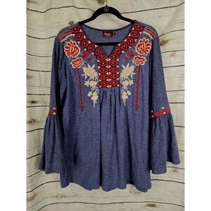 Avani Del Armour Embroidered Knit Top L Blue Slub 100% Cotton Bell Sleeve